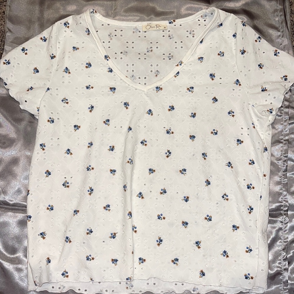 Olivia Rae Floral Eyelet V Neck Tee
